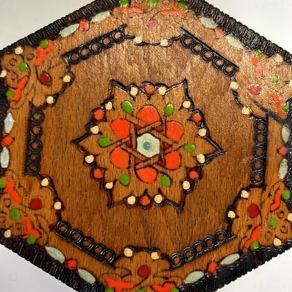 Antique Vintage Wooden Hexagon Hand Painted Box Holder Case Chest 1973 - Picture 13 of 13